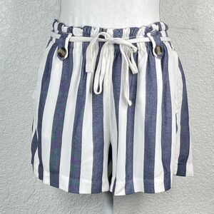 American Eagle Blue White Striped Paper Bag Drawstring Shorts Pockets Belt Loops
